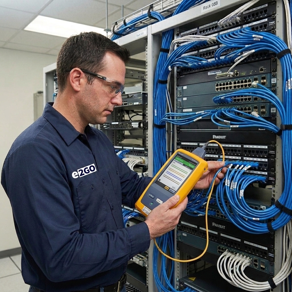 Certificação de cabeamento estruturado de rede de dados com Fluke DSX-5000 calibrado em fábrica e galpão comercial - E2GO RJ e SP